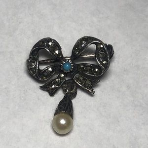 Vintage Silver Marcasite Turquoise Pearl Pin